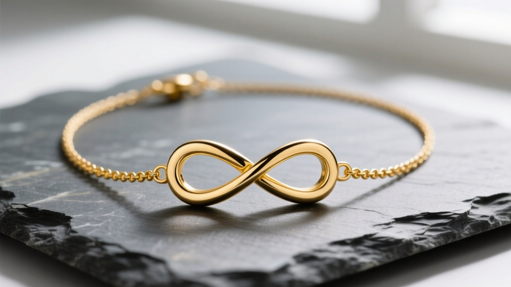 Macro shot of a 14k yellow gold infinity cross necklace on slate, showing polished intersecting loops and a delicate cable chain.
