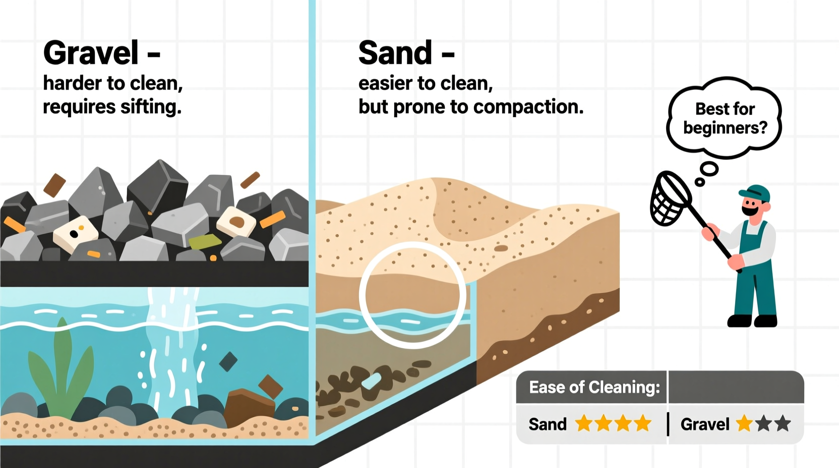 fish tank gravel vs sand which is easier to clean for beginners