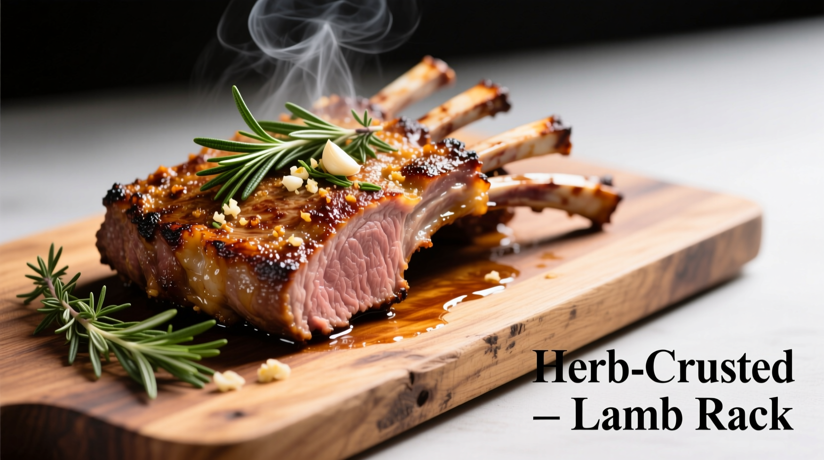 Perfectly seared lamb rack with herb crust on wooden board