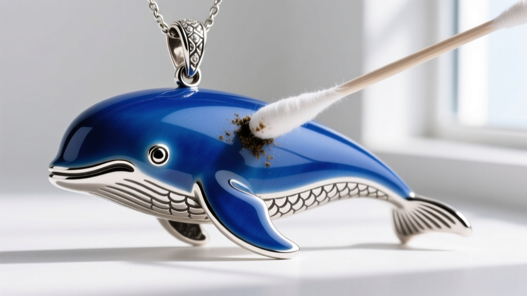 Cotton swab cleaning blue enamel on a silver manatee necklace, avoiding dark oxidized crevices of the detailed marine pendant.