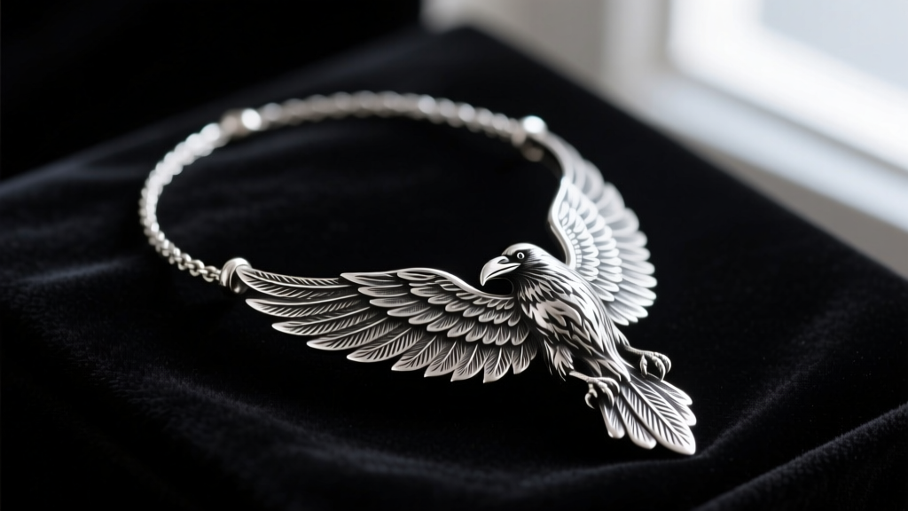 Close-up of a sterling silver raven necklace on dark velvet, showing intricate feather detailing and a dark oxidized finish.