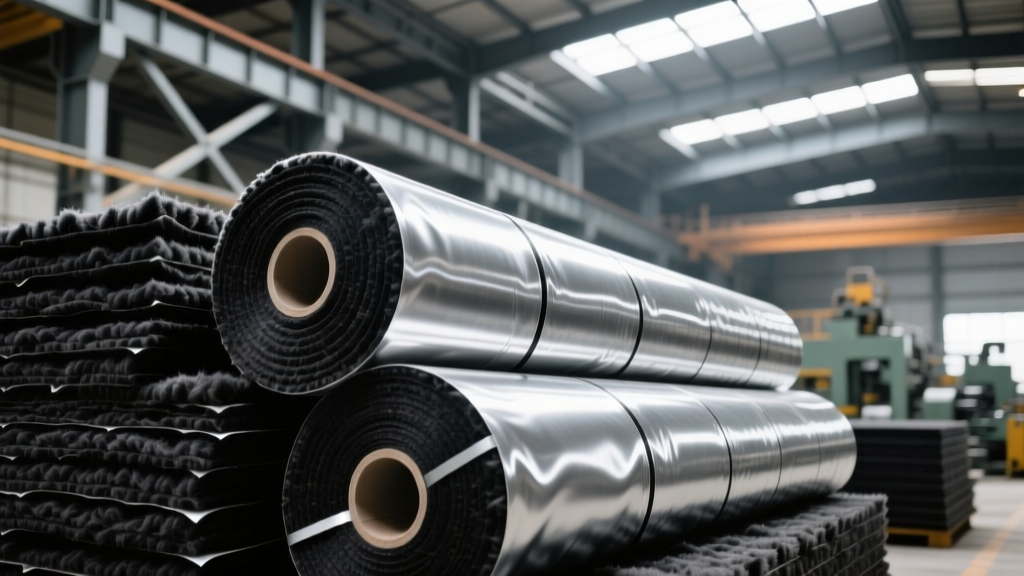 Close-up of dense black mineral wool boards and silver mass loaded vinyl rolls stacked in an industrial manufacturing plant with exposed steel beams