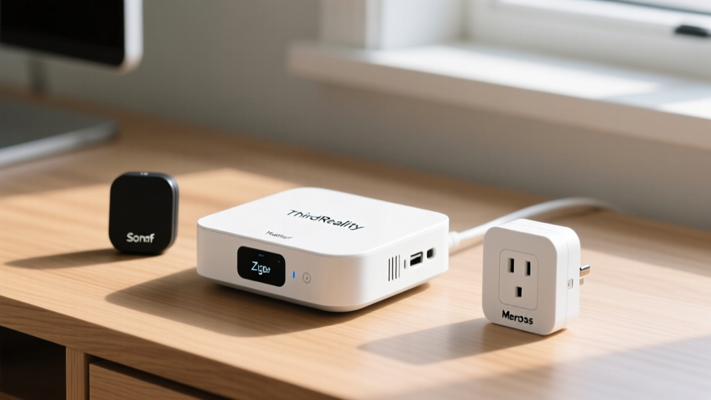 Close-up of budget smart home setup with white ThirdReality Matter hub, Sonoff zigbee sensors, and Meross smart plug on wooden desk