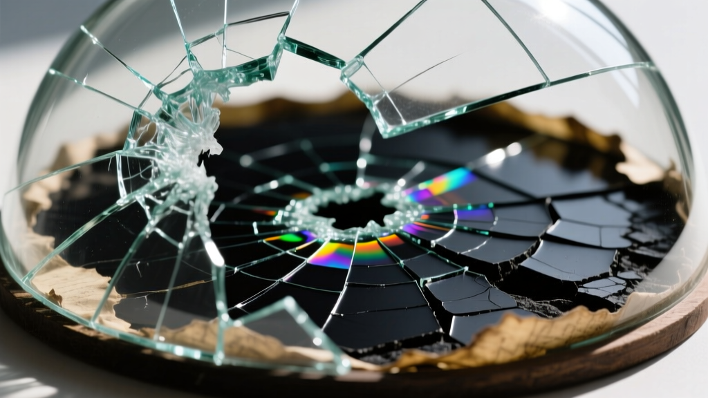 Close-up cross-section diagram style photo showing a cracked glass dome over a dried, blackened thermochromic liquid crystal layer.