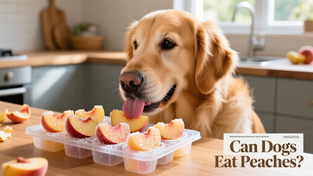 A dog happily licking frozen peach slices from a silicone mold tray