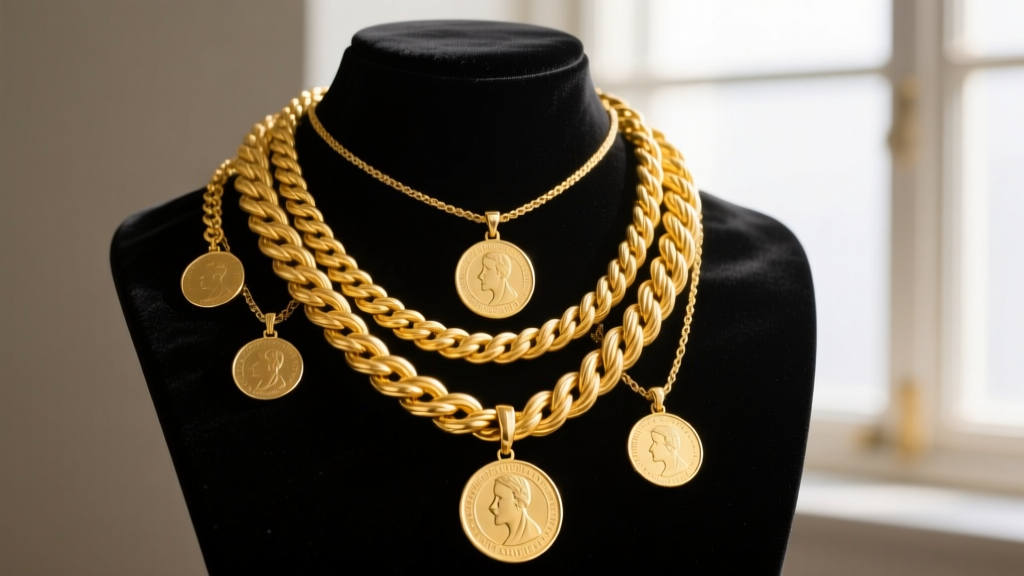 Chunky 18k yellow gold rope chains and coin pendants on a dark velvet bust, showing the modern heirloom maximalism jewelry trend