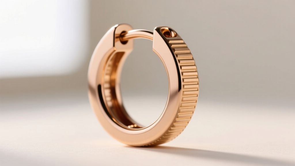 Macro shot of a hinged clicker hoop earring closure in 16-gauge rose gold, highlighting the secure snap-fit joint