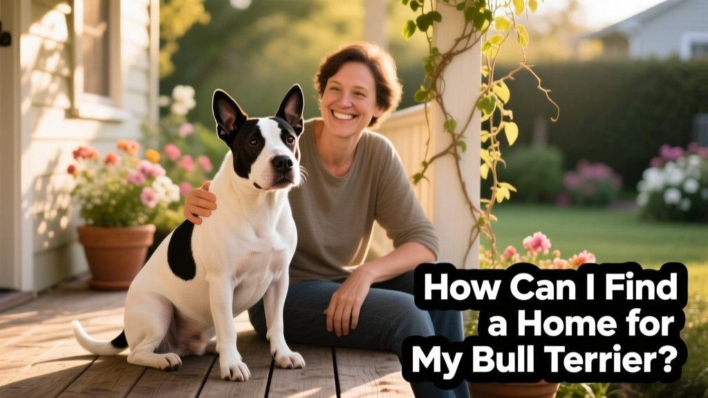 A friendly bull terrier sitting calmly beside a smiling adult on a sunlit porch