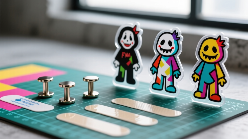 Macro shot of titanium 20 gauge flat back posts and adhesive next to FNAF character shrink plastic cutouts on a craft mat