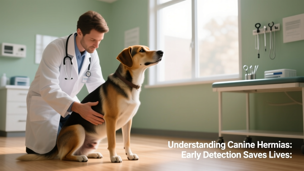 Veterinarian gently palpating a dog’s lower abdomen near the groin area during a physical exam