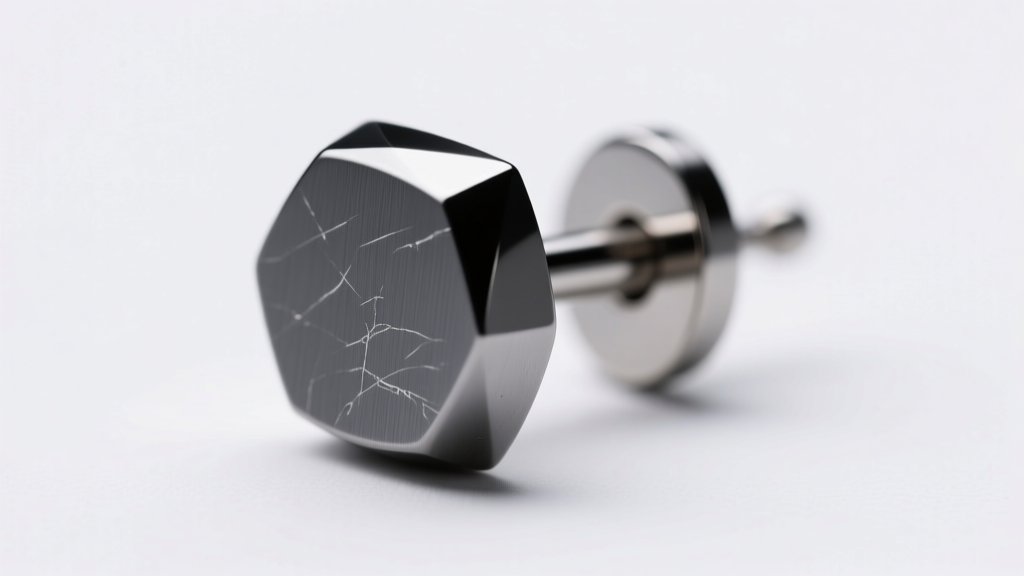 Macro close-up of a dark grey PVD coated titanium earring post, highlighting the smooth metallic surface under studio lighting.