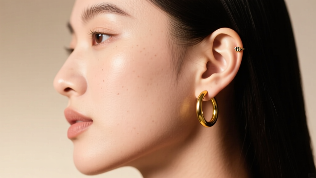 Side profile of a woman wearing an 18-gauge 14k yellow gold seamless hoop in her ear cartilage under warm, soft studio lighting.