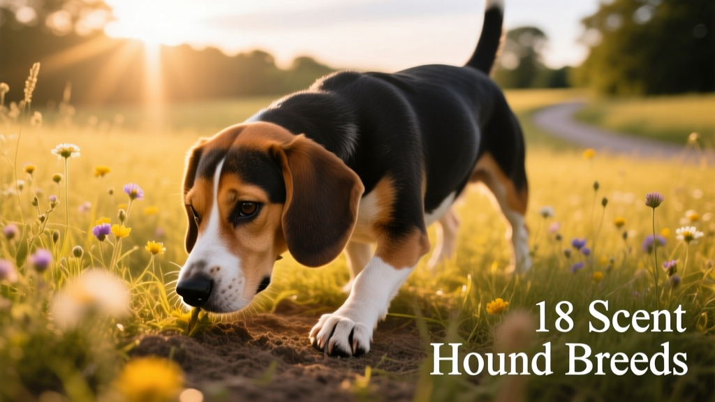 A beagle mid-sniff, nose to the ground in a sunlit meadow