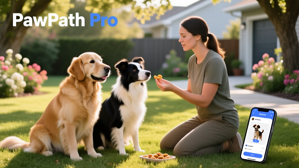 Two dogs sitting calmly side-by-side as a trainer offers treats and gentle verbal cues