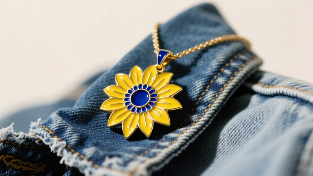 Close-up of a vibrant yellow and blue enameled sunflower pendant necklace resting on a faded denim jacket, soft studio lighting