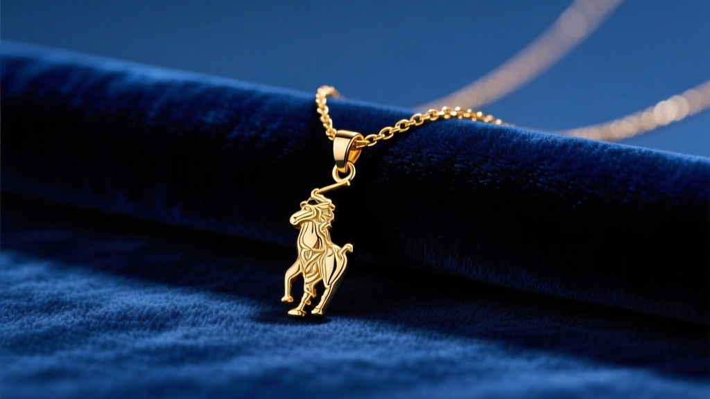 Gold-tone Polo Ralph Lauren necklace with a polo player pendant resting on navy blue velvet, captured in soft studio lighting.