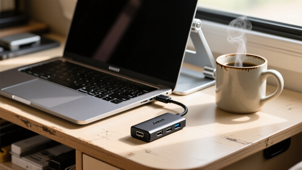 Close-up of an Anker USB-C hub plugged into a MacBook Pro on a cramped RV desk next to a folded aluminum laptop stand and coffee mug