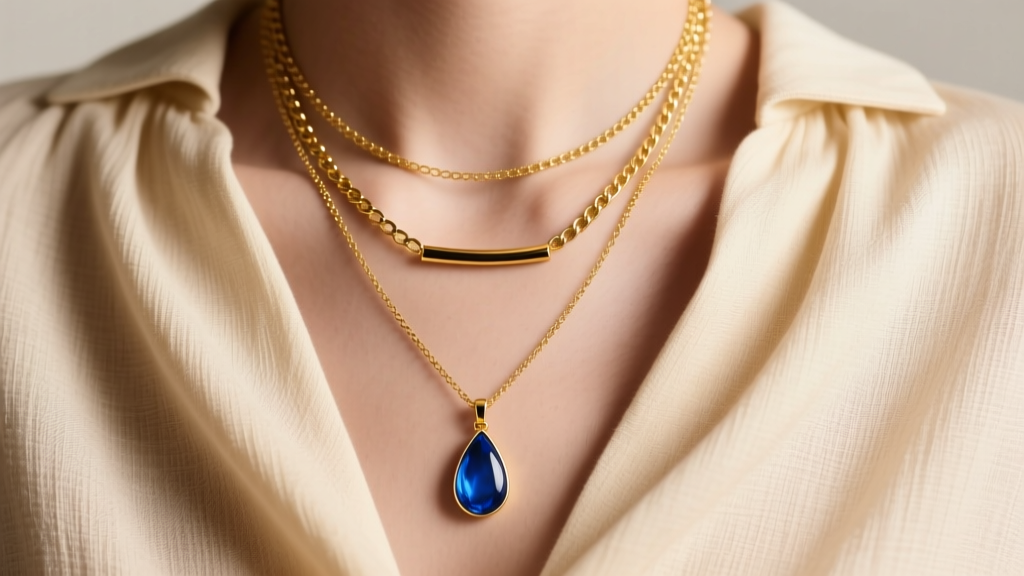 Layered gold necklaces with a blue pendant, a delicate chain, and a bar pendant resting gracefully on a light beige linen blouse