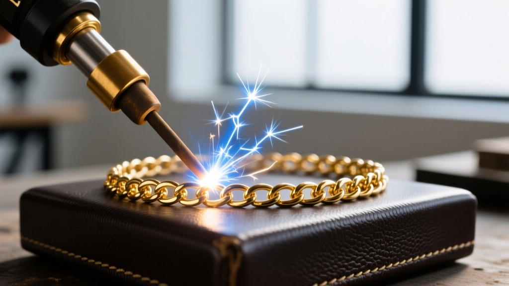 Micro-TIG welder sparking on a 14k gold-filled permanent bracelet chain on a dark leather jeweler bench block in a bright studio.
