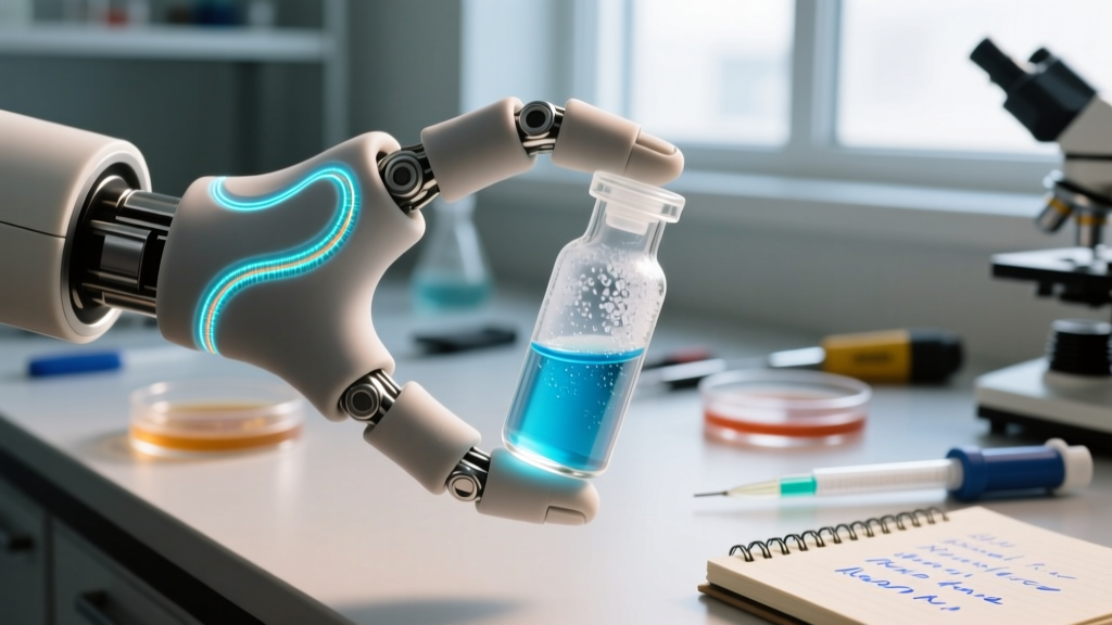 Close-up of a flexible soft-robotic gripper made from conductive silicone, holding a delicate glass vial in a DIY biology lab.