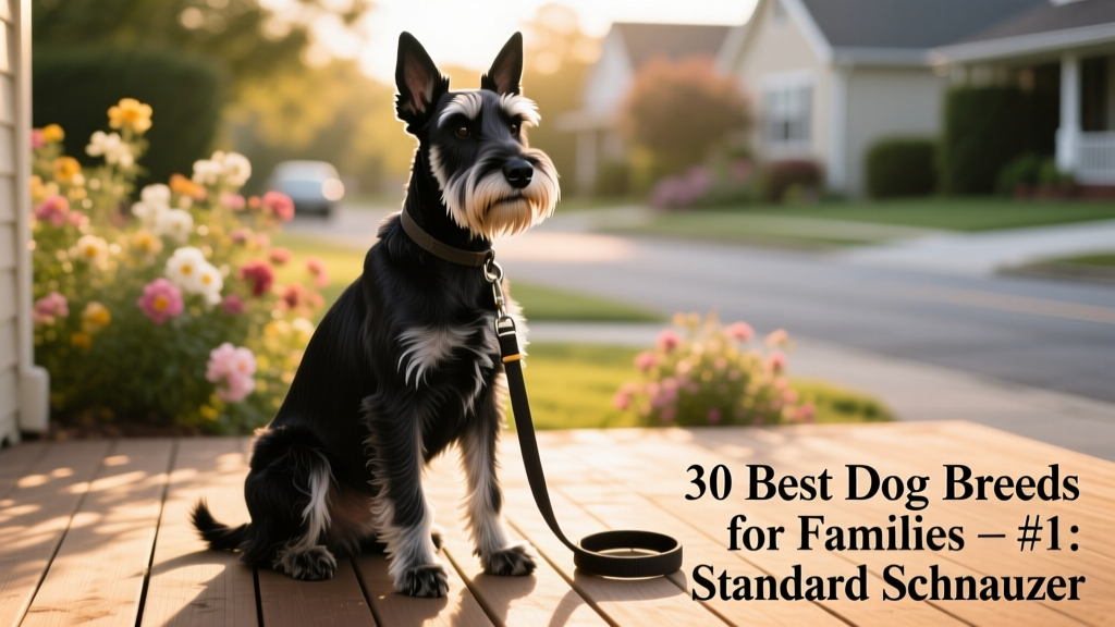 A well-groomed Standard Schnauzer sitting attentively with a leash nearby, ready for a walk