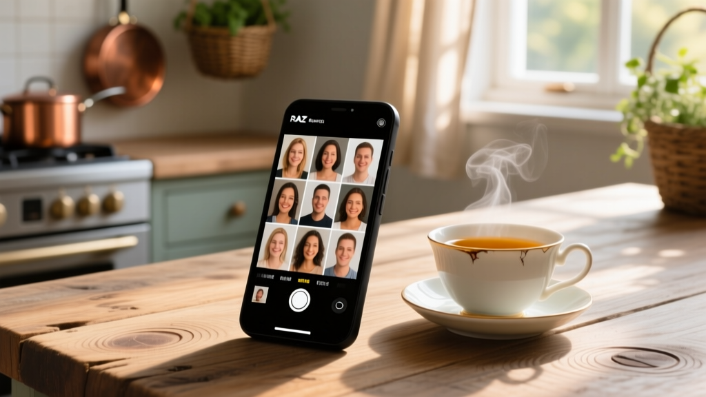 Close-up of a simplified RAZ Memory Cell Phone displaying large contact photos on a wooden kitchen table next to a cup of tea.