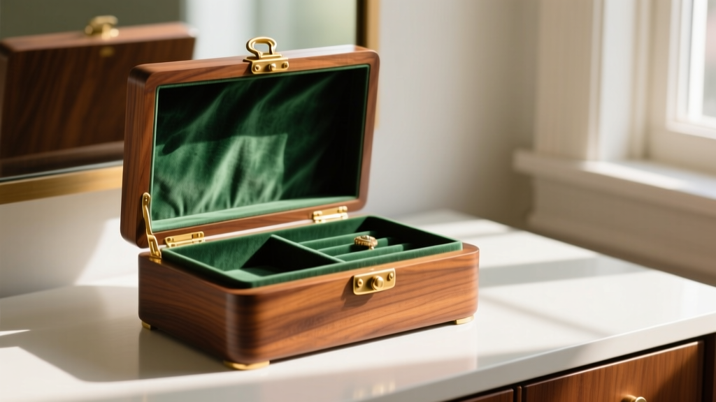Restored mid-century walnut retro jewelry box on a vanity with brass hardware and a faded emerald velvet interior lining