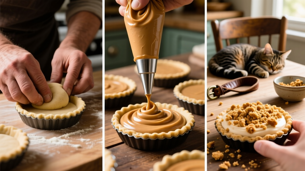 Step-by-step collage showing dough pressing, piping mousse, and sprinkling crumble topping