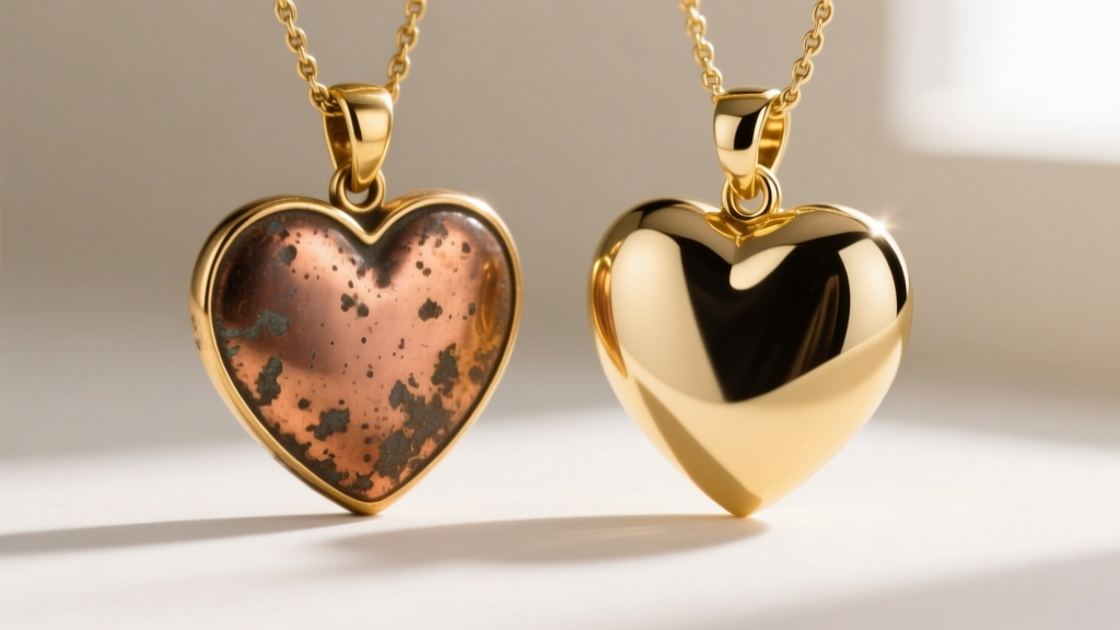 Tarnished gold-plated heart pendant showing copper undertones next to a pristine, highly polished solid 18k gold heart pendant.