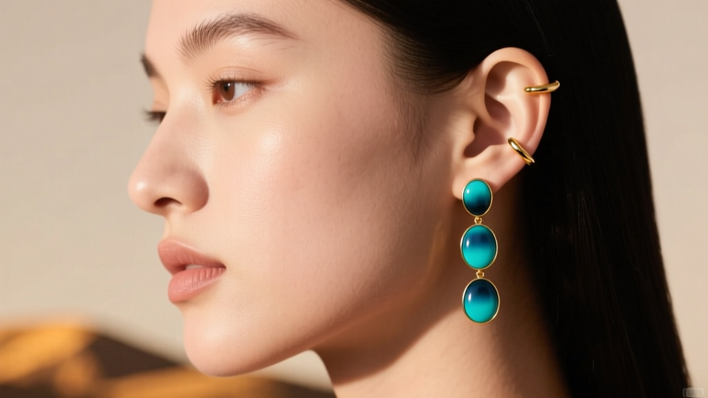 Side profile of a model wearing 16-gauge gold vermeil ear climbers with three gradient Golden Hills turquoise cabochon stones.