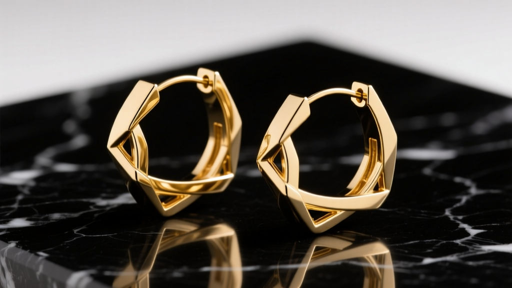 Gold-tone YSL Cassandre logo hoop earrings on dark marble, with soft studio lighting highlighting the interlocking brass metal.