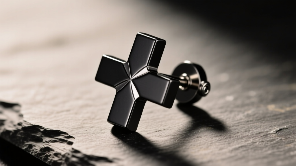 Close-up of a matte black titanium male cross earring on slate, showing the thick 16-gauge post and precise laser-welded joint.
