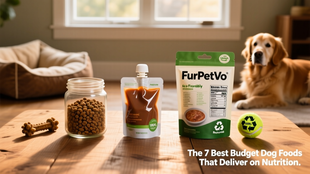 Side-by-side comparison of FurPetVo dry kibble, wet food pouches, and packaging showing clear labeling and recyclable materials