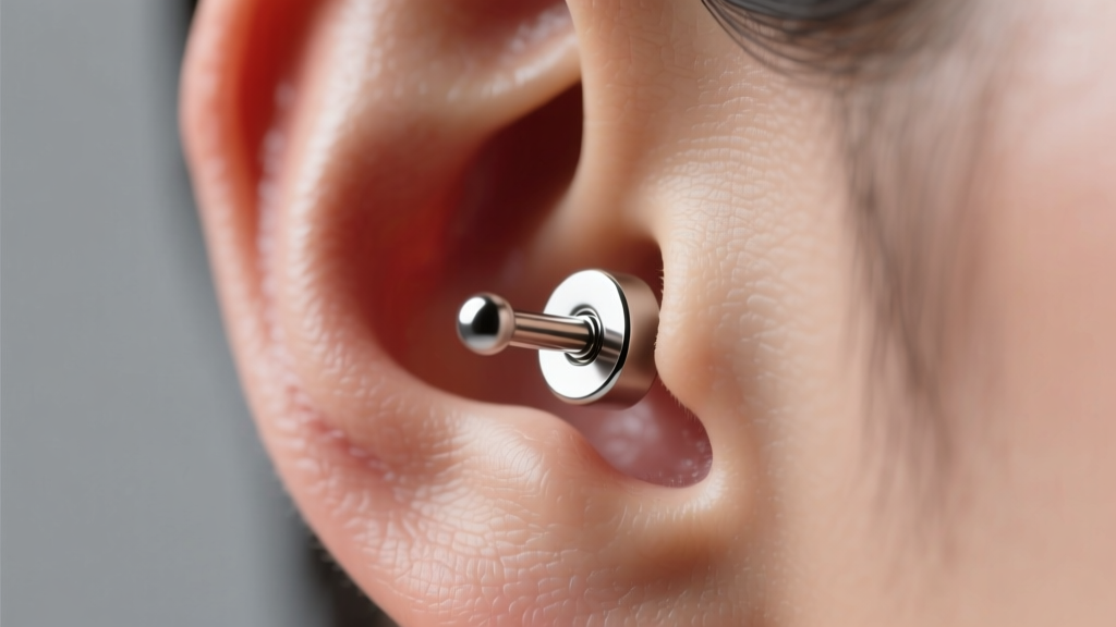 Macro photograph of a healthy 18-gauge earlobe fistula with an implant-grade titanium flat back labret under soft studio lighting.
