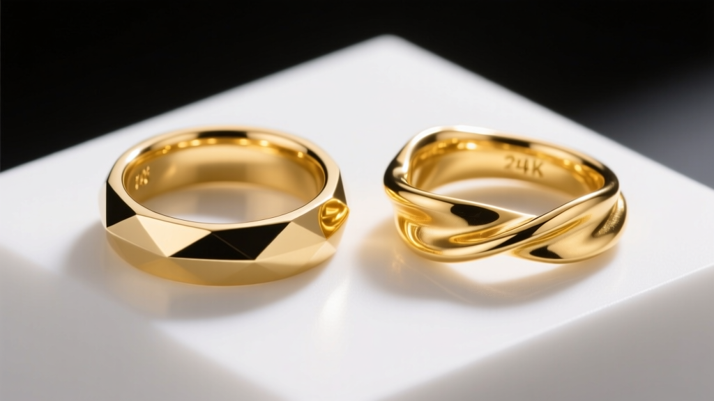 Side-by-side view showing a pristine 14k gold ring next to a warped 24k gold ring, emphasizing pure gold structural softness