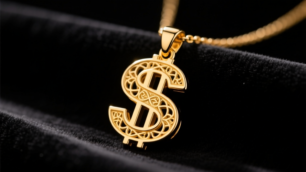 Close-up of a 14k gold money sign necklace pendant on dark velvet, lit by warm studio light to show intricate metal textures.
