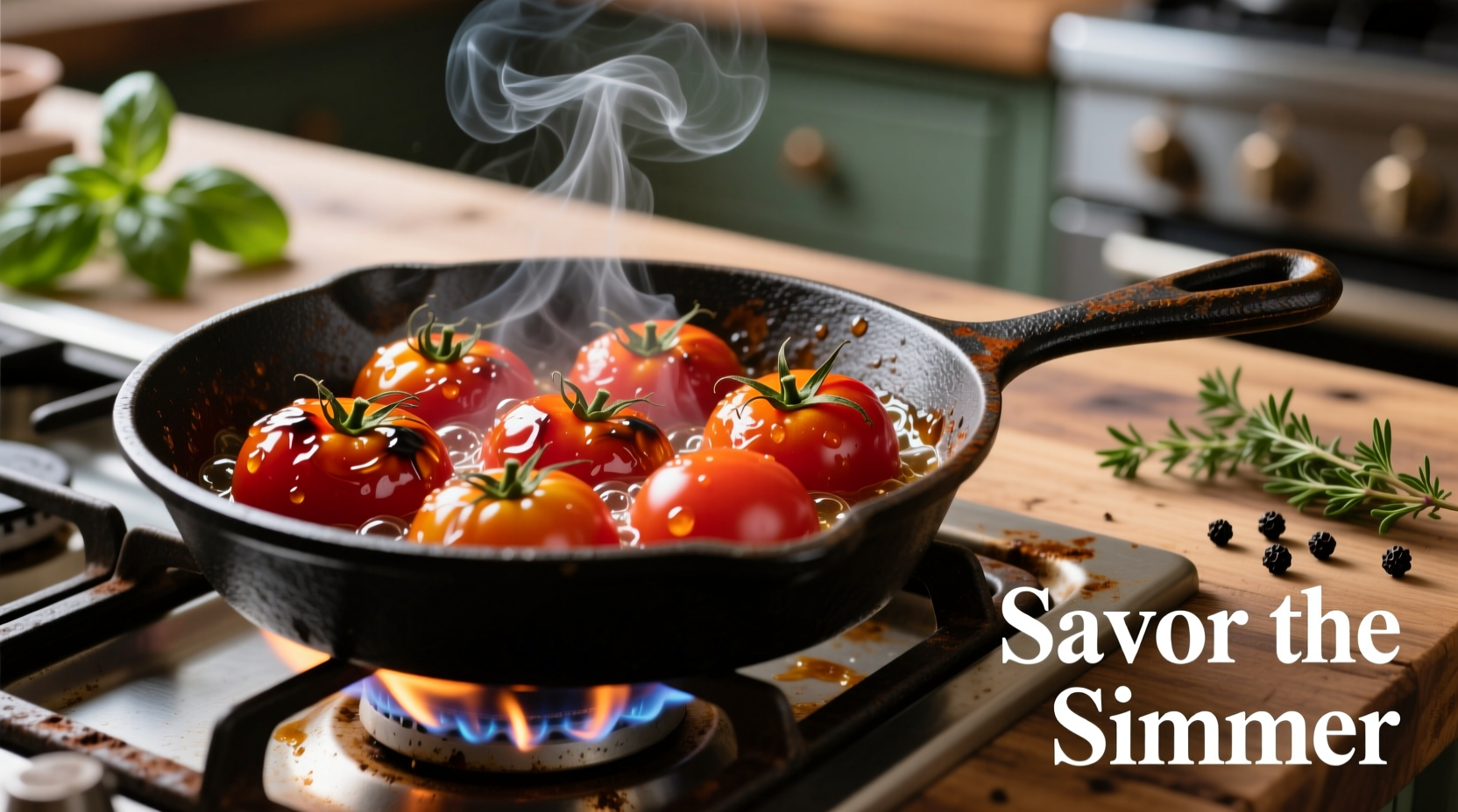 Roasted tomatoes bubbling in cast iron skillet