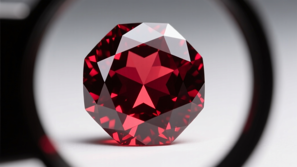 Microscopic view through a gem loupe showing internal octahedral crystal inclusions typical of natural Burmese red spinel jewelry.