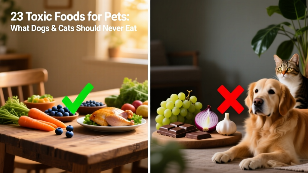 Side-by-side comparison of safe vs. unsafe human foods for pets, with clear red 'X' icons over toxic items like grapes, chocolate, and onions