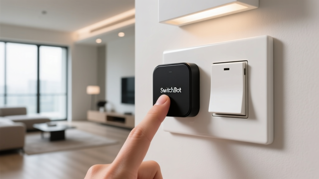 Close-up of a finger pressing a small black SwitchBot Bot switch attached to a traditional white wall light switch in a modern room.