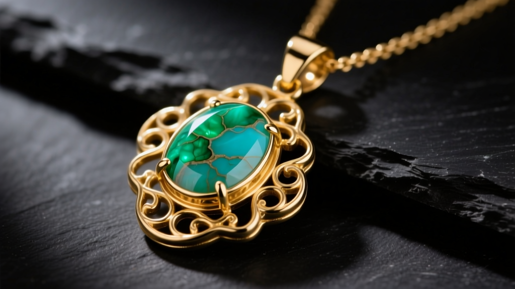 Macro view of 18k gold Israel necklace pendant with Eilat stone inlay on dark slate, lit by soft warm directional studio lighting