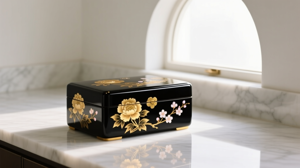 Vintage Japanese lacquer jewelry box with gold maki-e floral motifs resting on a white marble vanity in soft morning light