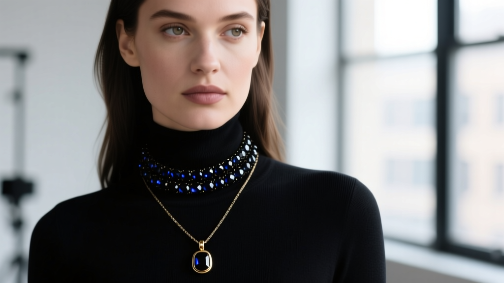 Portrait of woman wearing layered 14-inch black spinel choker and 18-inch blackened gold pendant over a dark turtleneck sweater.