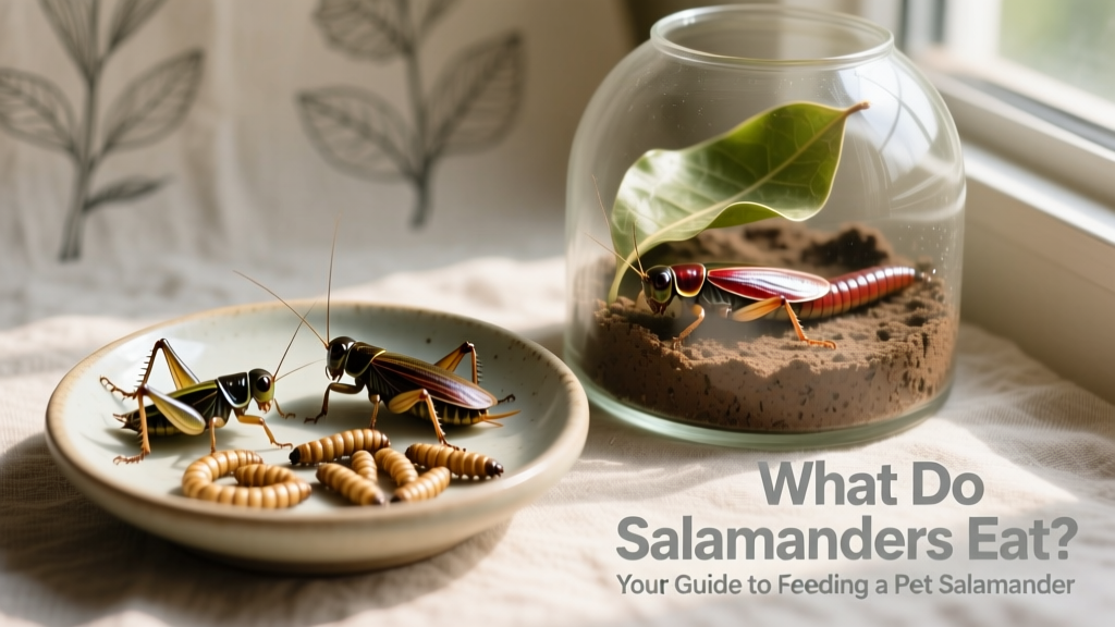 A shallow dish with crickets, Dubia roaches, and waxworms beside a small terrarium with damp substrate