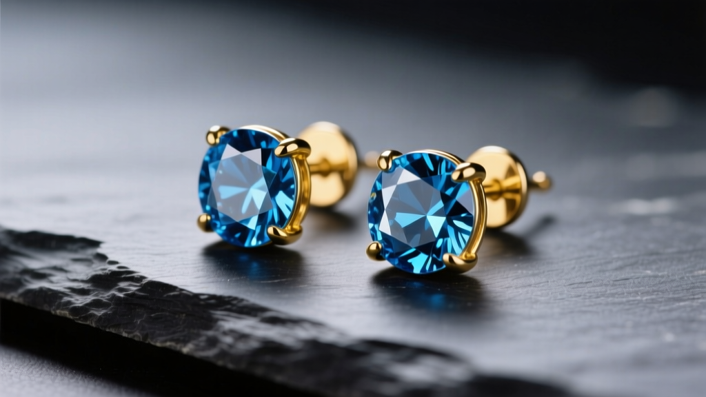 Macro shot of 14k yellow gold stud earrings with London blue topaz gems resting on dark slate under soft studio lighting.