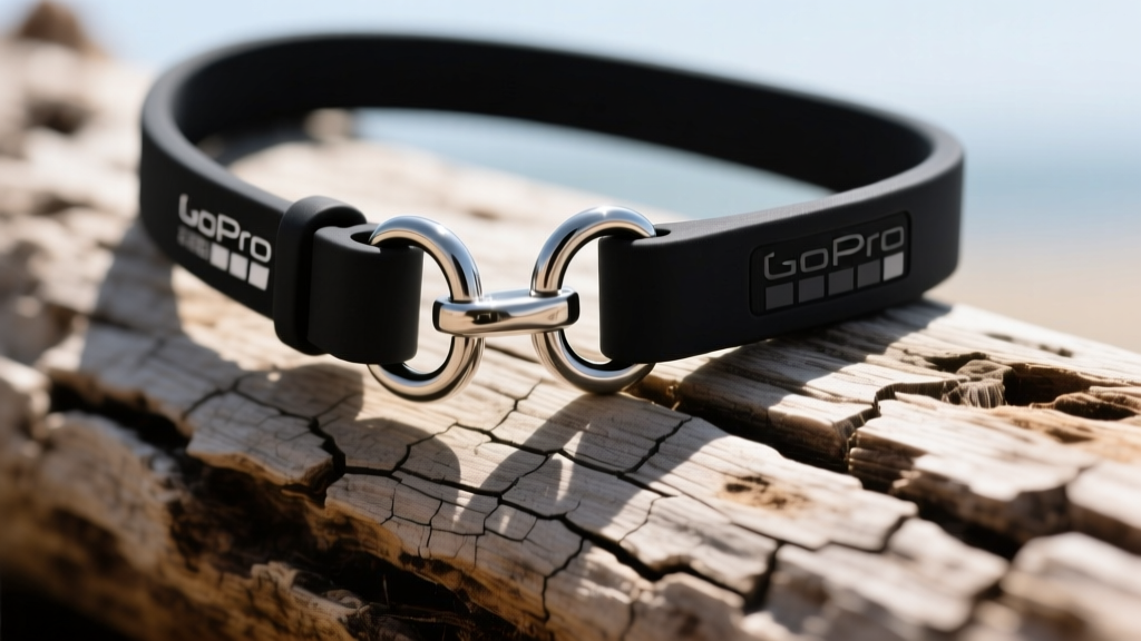Close-up of a rugged black silicone GoPro necklace lanyard on weathered driftwood, highlighting the stainless steel J-hook mount