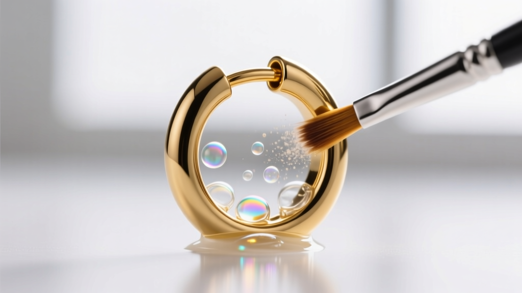 Close-up of a hinged 16-gauge gold hoop clicker closure being cleaned with a micro-brush and ultrasonic jewelry cleaning fluid.
