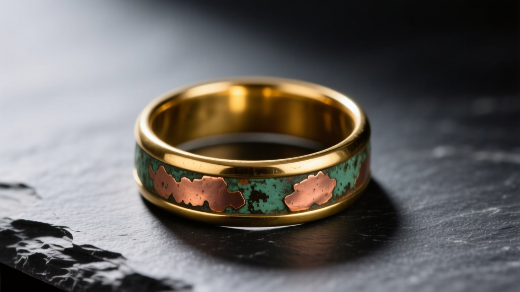 Close-up of a tarnished gold-plated brass ring on dark slate, showing areas where the copper base metal is exposed