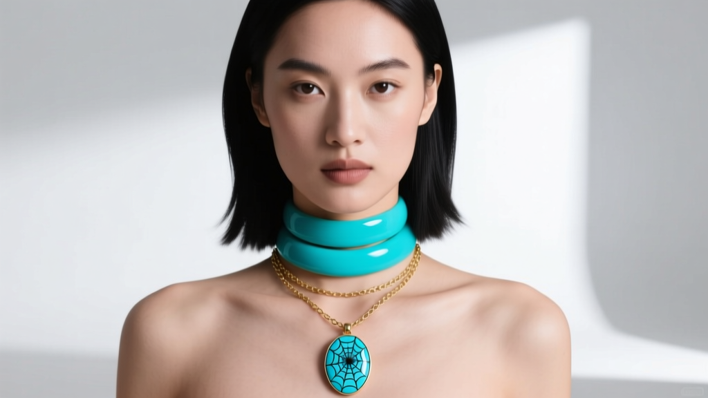 Model wearing a 16-inch turquoise choker layered with a 20-inch gold chain and a Kingman spiderweb turquoise cabochon pendant.