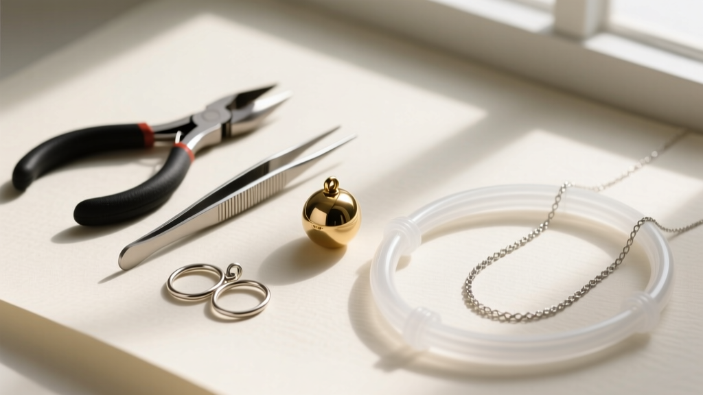 Flat lay of jewelry tools, a brass counterweight bead, and clear silicone tubing grips next to a delicate silver necklace chain.